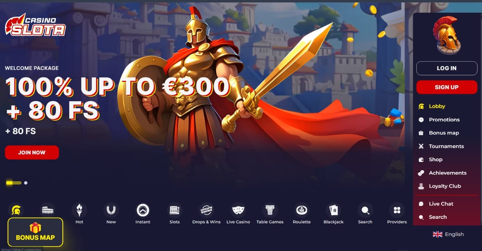 Slota Casino landing page featuring 100% to 300 eur welcome bonus with Spartan warrior in armor and sword