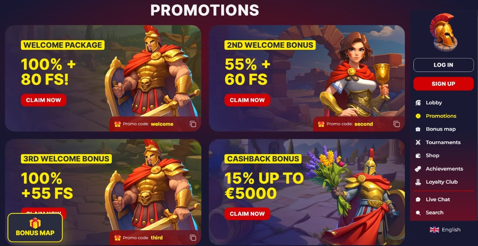 Slota Casino promotions page featuring welcome bonus and cashback with images of Spartan warriors