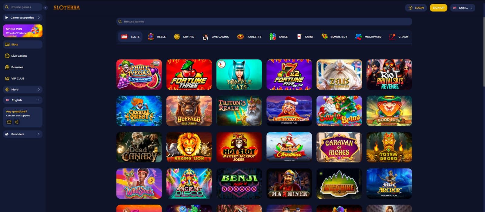 Sloterra games page shows a selection of different slots and the available game categories