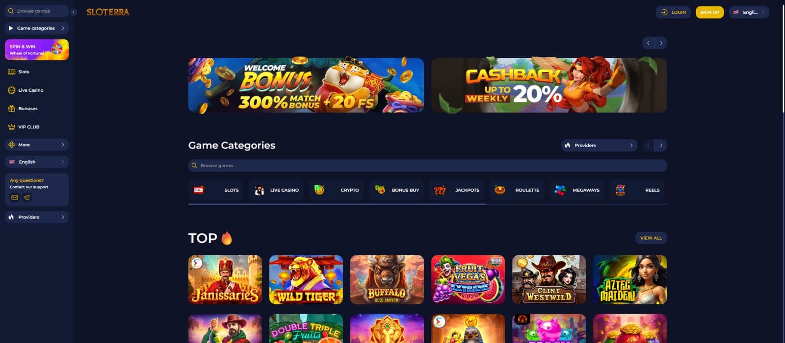 Sloterra landing page showing the welcome bonus offer and the main menu to the left