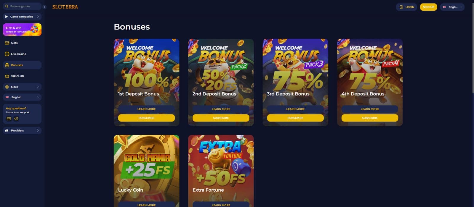 Sloterra promotions page showing the available welcome bonuses and other promotions