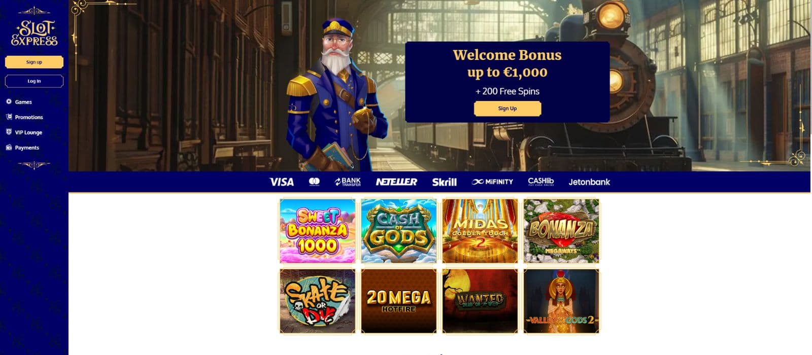 SlotExpress Casino landing page showing a selection of games, the welcome bonus offers and the main menu