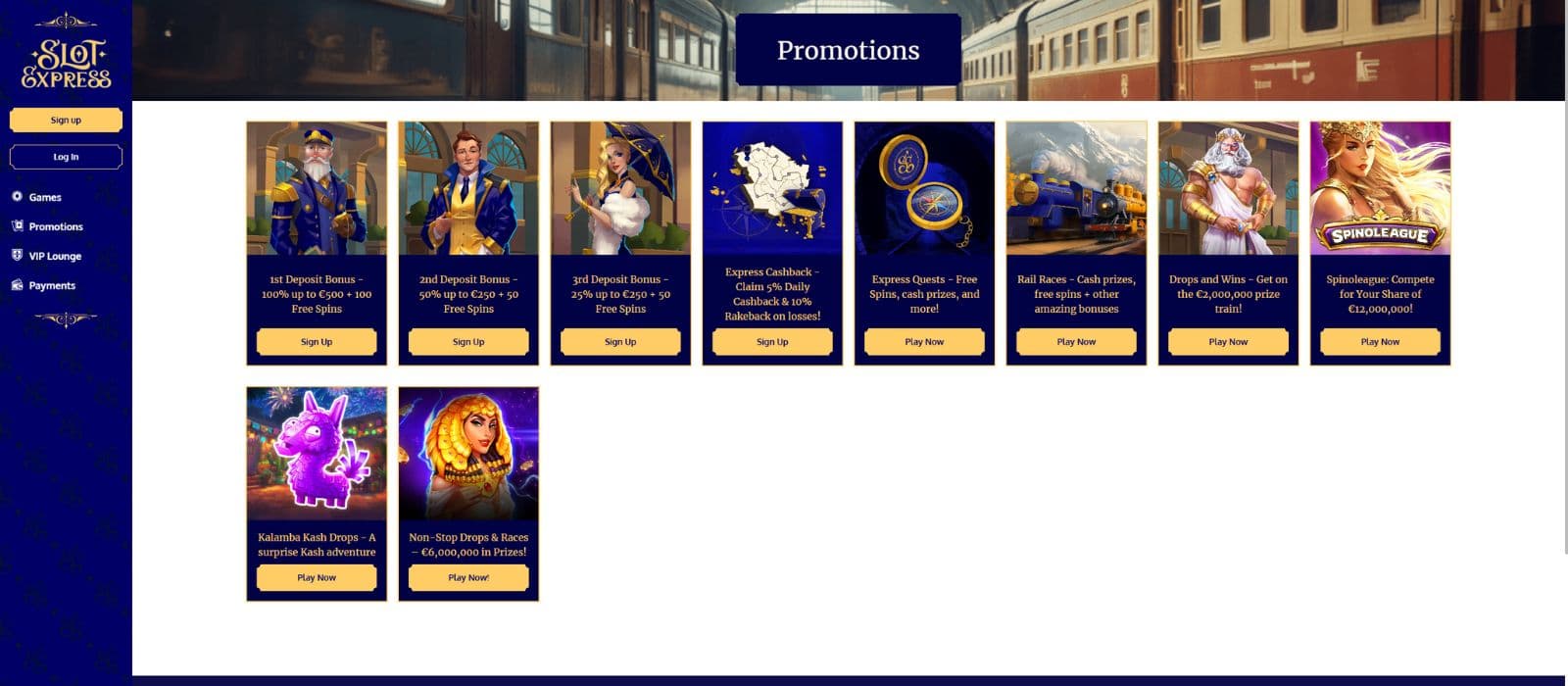 SlotExpress Casino promotions page showing the available bonsues and promotions