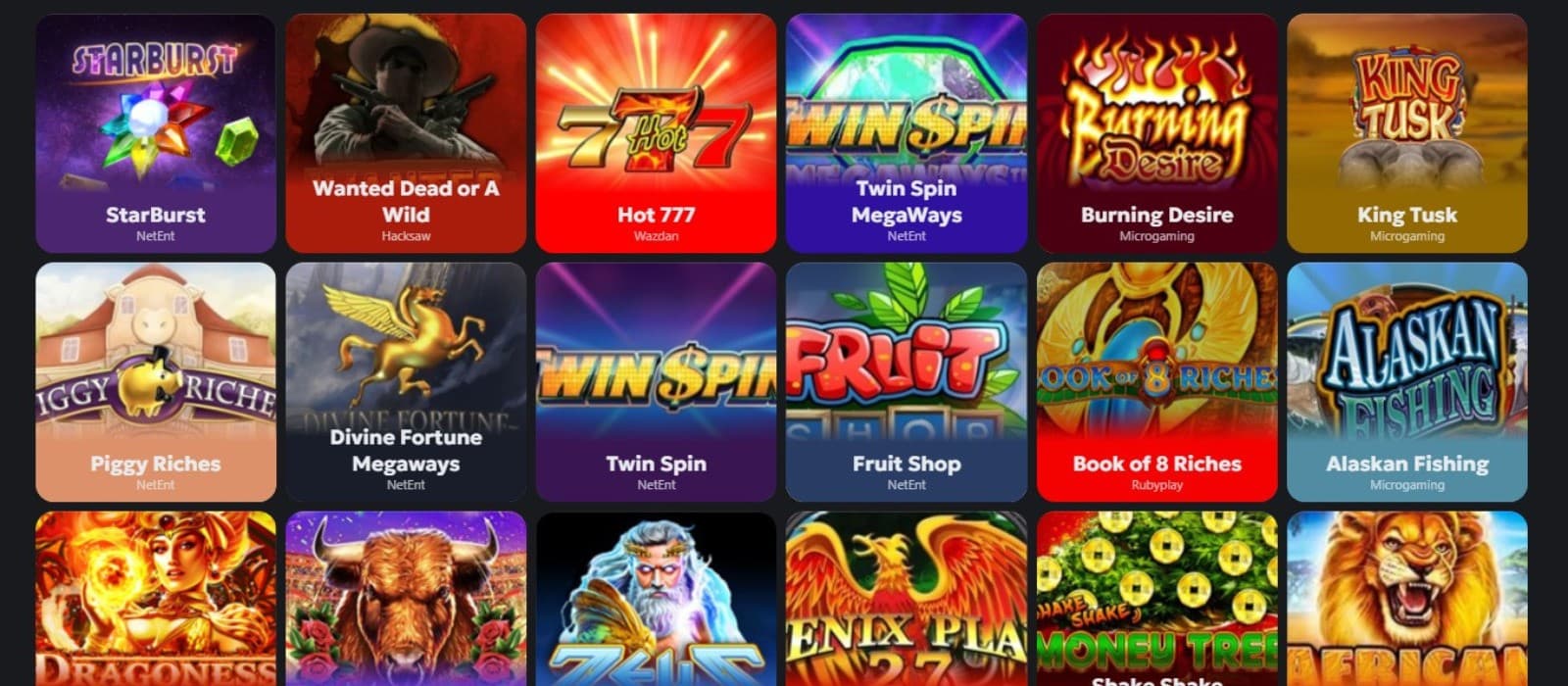 The games section of Slothive Casino presents a range of slot games, such as StarBurst, Twin Spin, and more.
