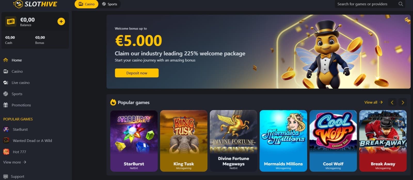 The landing page of Slothive Casino displays a welcome bonus of up to 5000 euros next to a cartoon bee character.