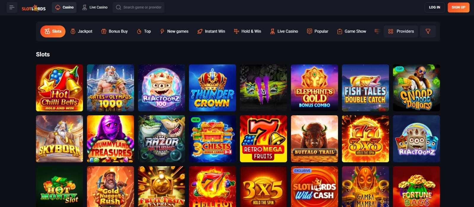 SlotLords Casino games page features slots, jackpots, live casinos and game shows such as Reactoonz 2 and Mummyland Treasures