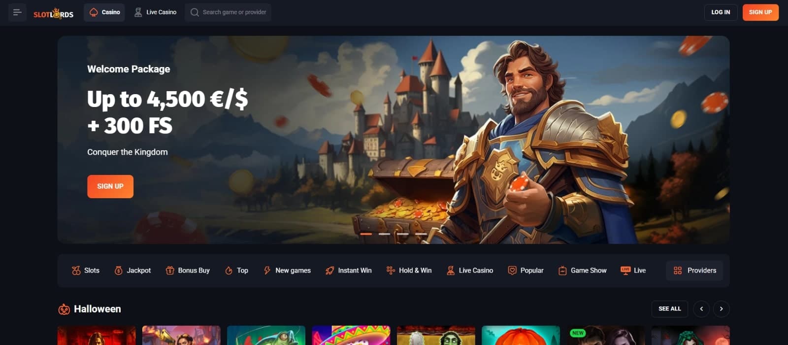 SlotLords Casino's landing page displaying the 4500 euros up to 300 free spins over image with a knight and a medieval kingdom