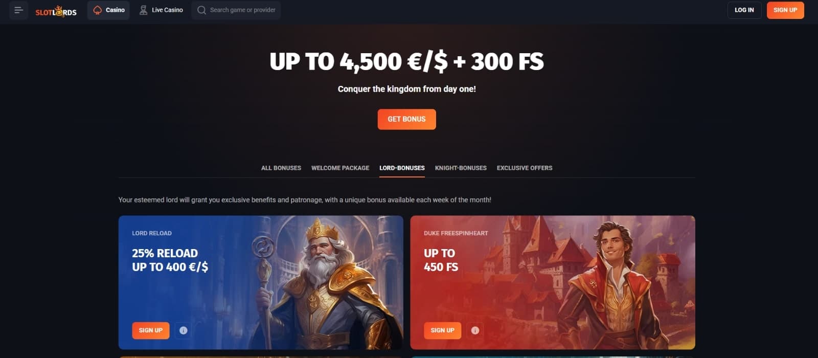 SlotLords Casino's page with promotions, featuring reload and cashback bonuses 
