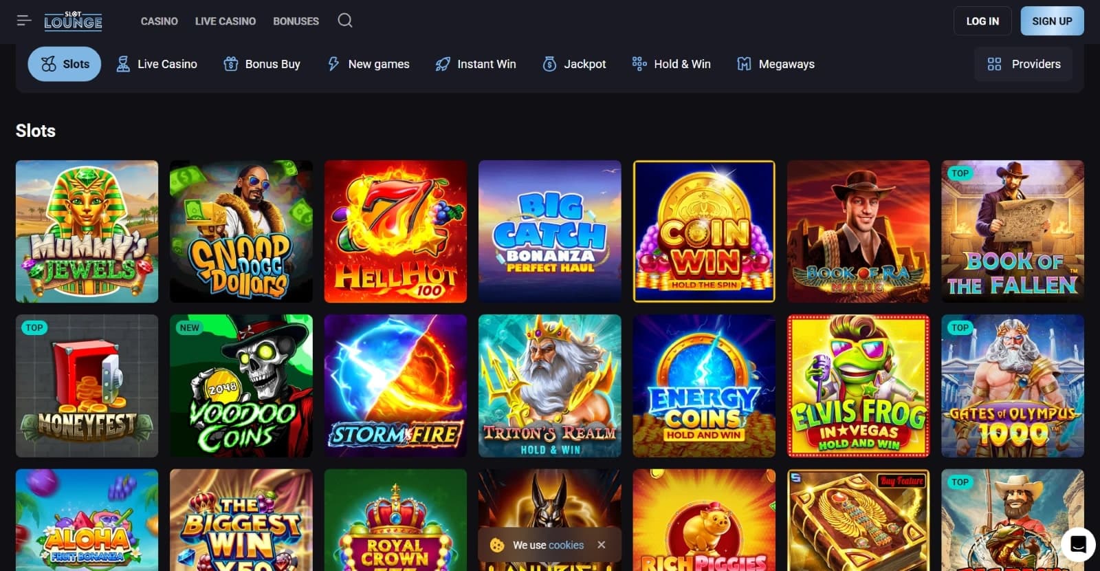 SlotLounge Casino games page listing Mummy's Jewels, Snoop Dogg Dollars, Book of Ra and many exciting slots