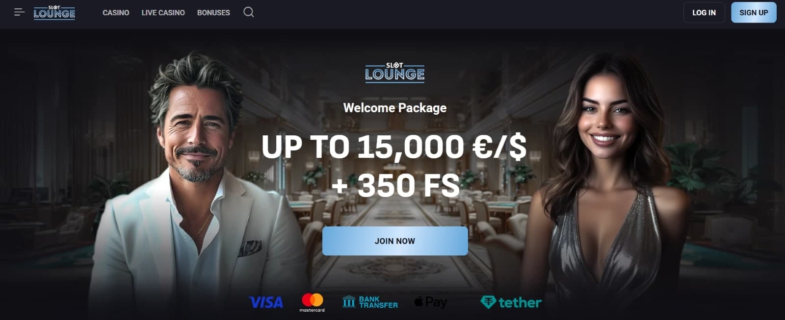 SlotLounge Casino's welcome banner with a 15000 euro registration bonus