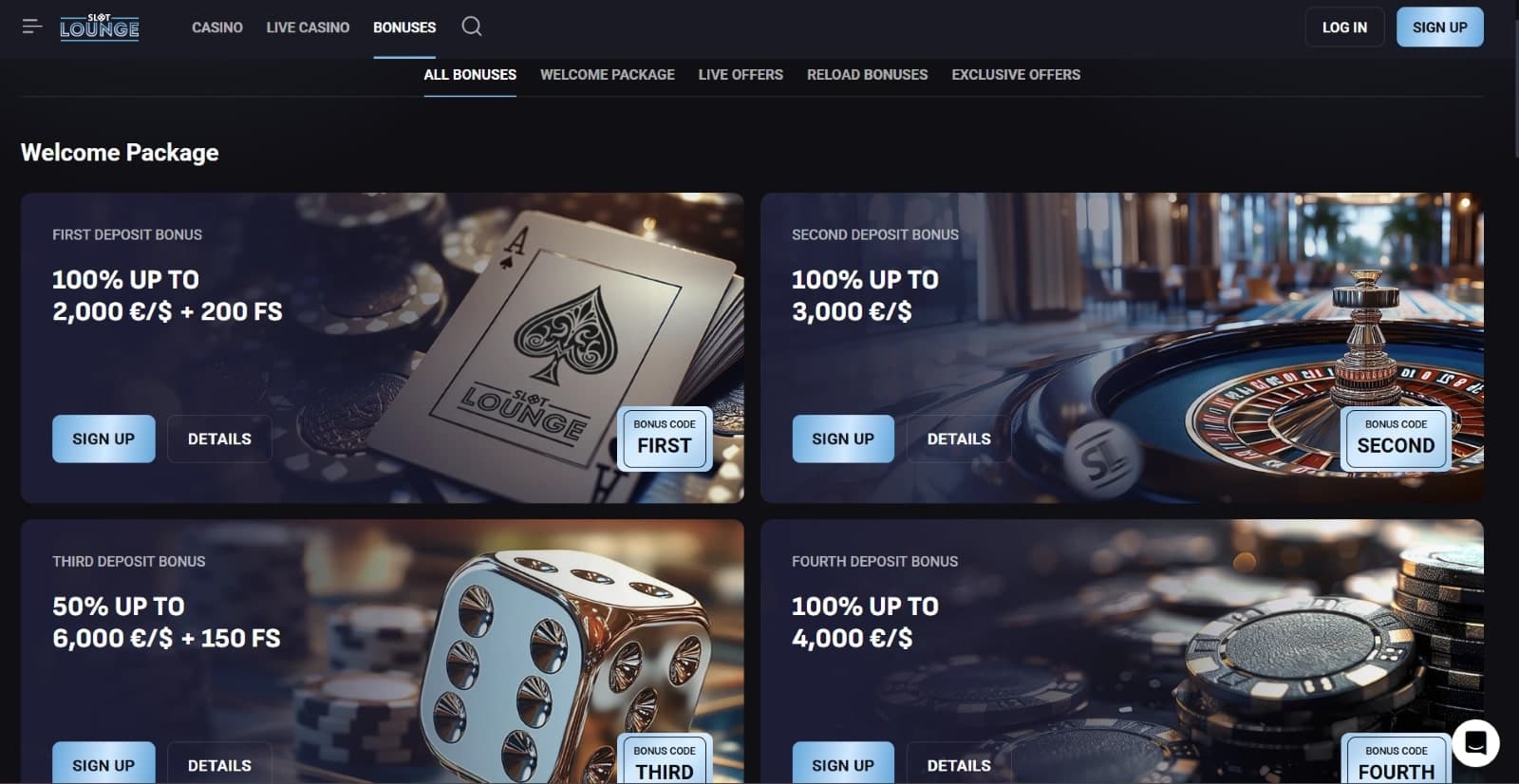 SlotLounge Casino promotional offers page featuring the four part welcome package of 350% 