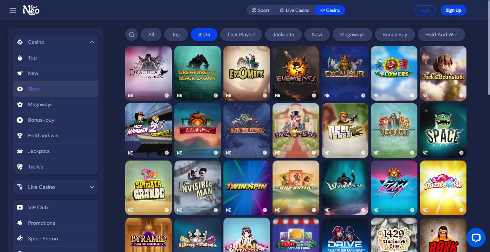 Slotneo Casino's games page listing slot games along with slot type tabs above, and side menu with pages to table games and live casino pages