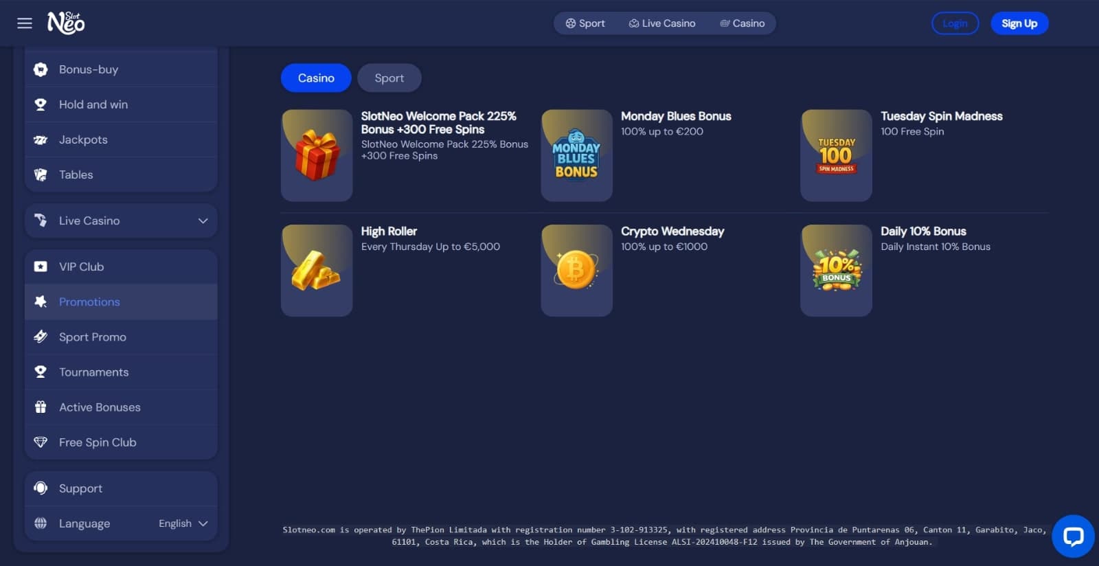 Slotneo Casino's promotions page featuring the 225% welcome pack, Monday reload offer, crypto reload, and daily bonus offer