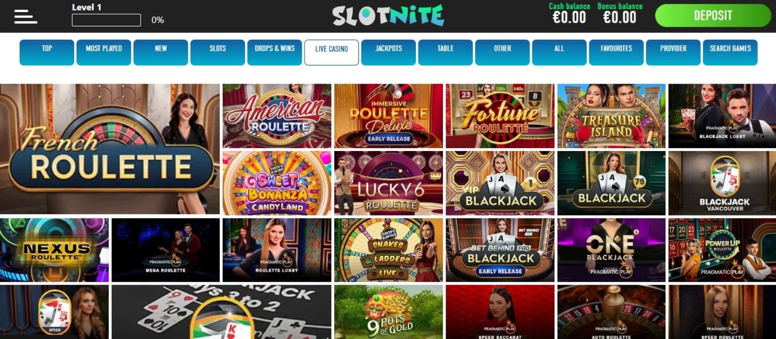 Slotnite Casino's live games section, showing variations of roulette and blackjack.