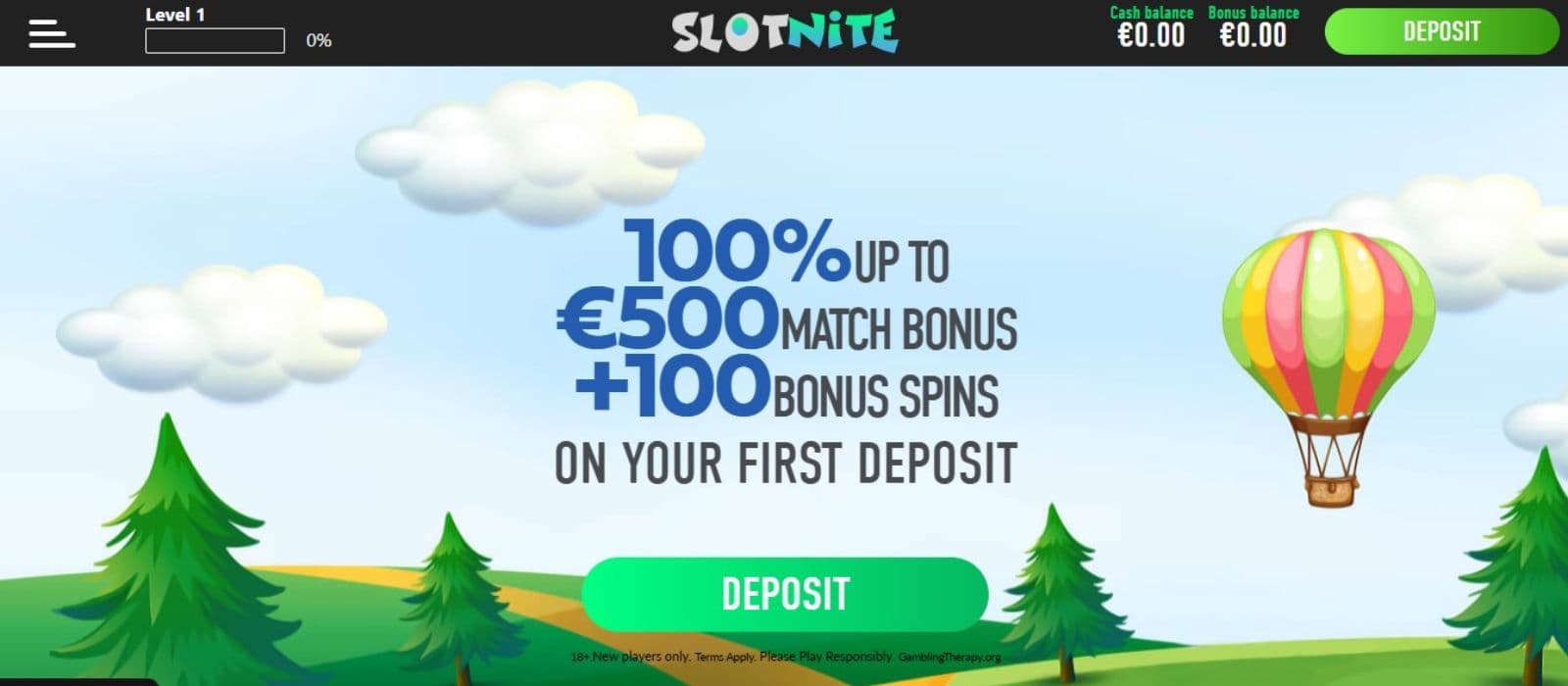 Slotnite Casino's homepage, showing the first deposit welcome bonus.