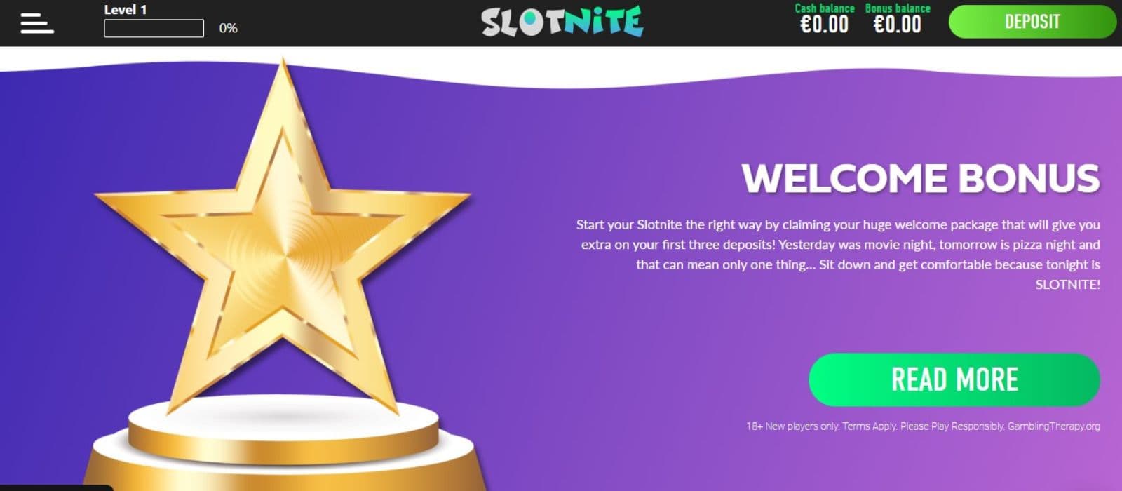 Slotnite Casino's promotion page, showing a description of the welcome bonus package.