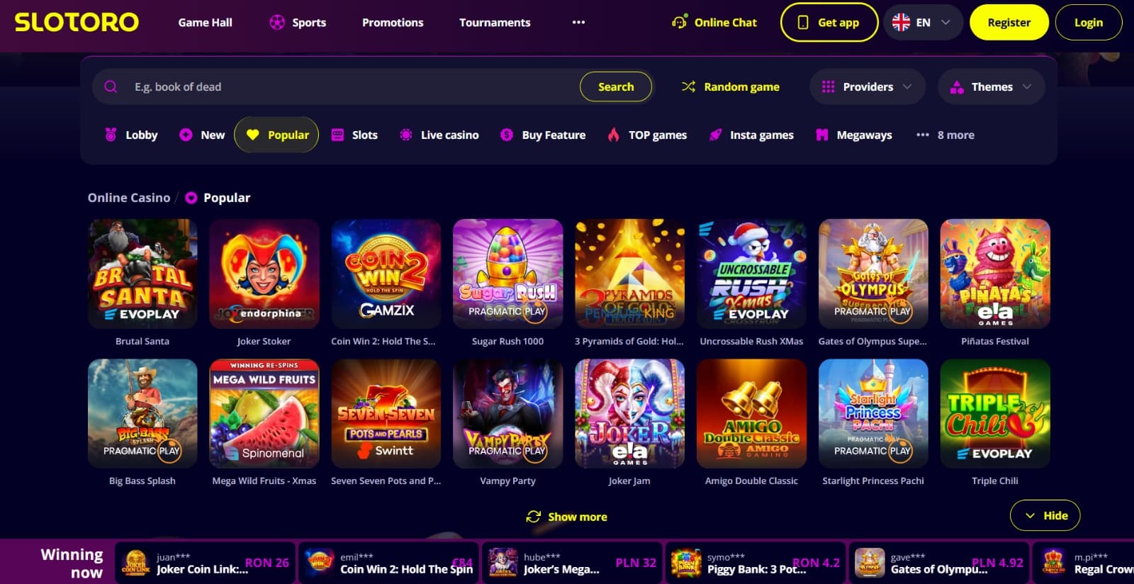 Slotoro Casino's Games page presenting slot icon images of the most popular titles, under casino game categories