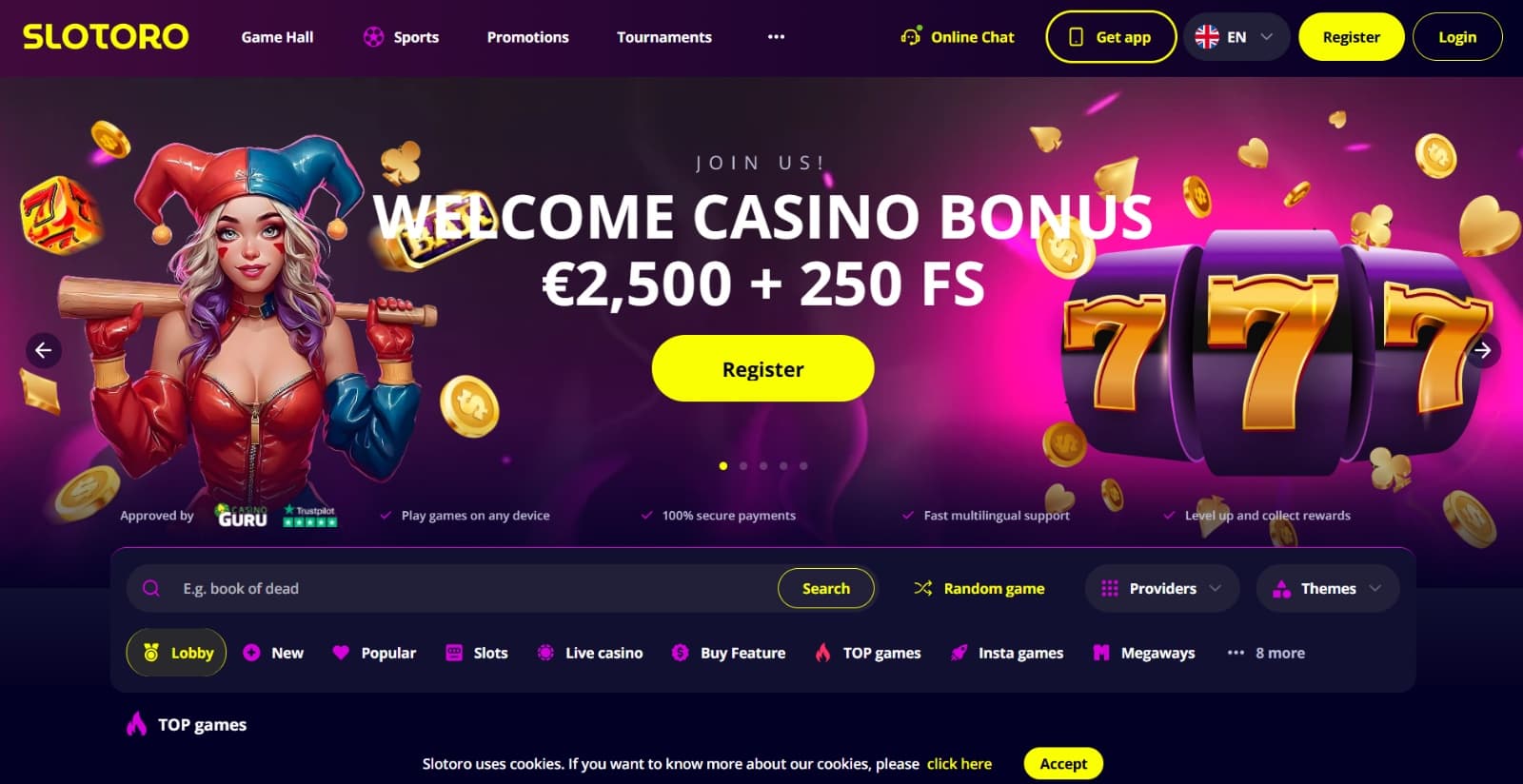 Slotoro Casino's landing page featuring the welcome bonus banner advertising the 2500 euros and 250 free spins over image of Joker lady character, with game categories below 