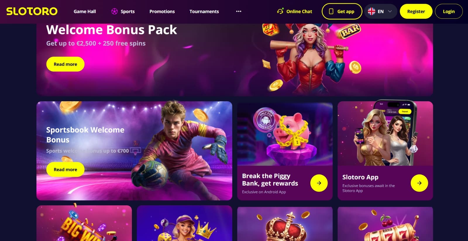 Slotoro Casino\s promotions page featuring the welcome bonus, sports bonus, reload, high roller bonuses, accumulative bonuses, mobile app bonuses and more