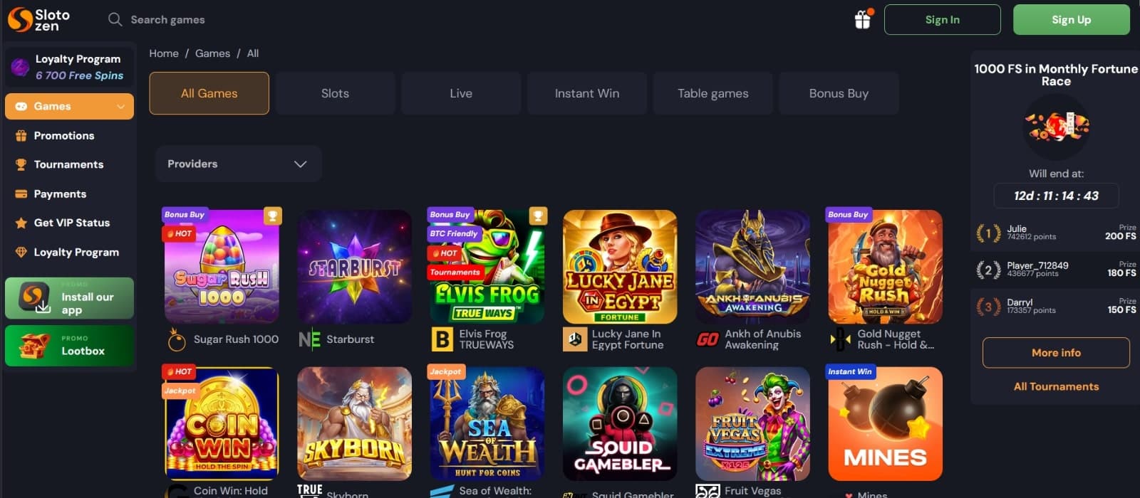 Slotozen Casino games page featuring slots, table games, live lobbies and bonus buys such as Starburst and Elvis frog