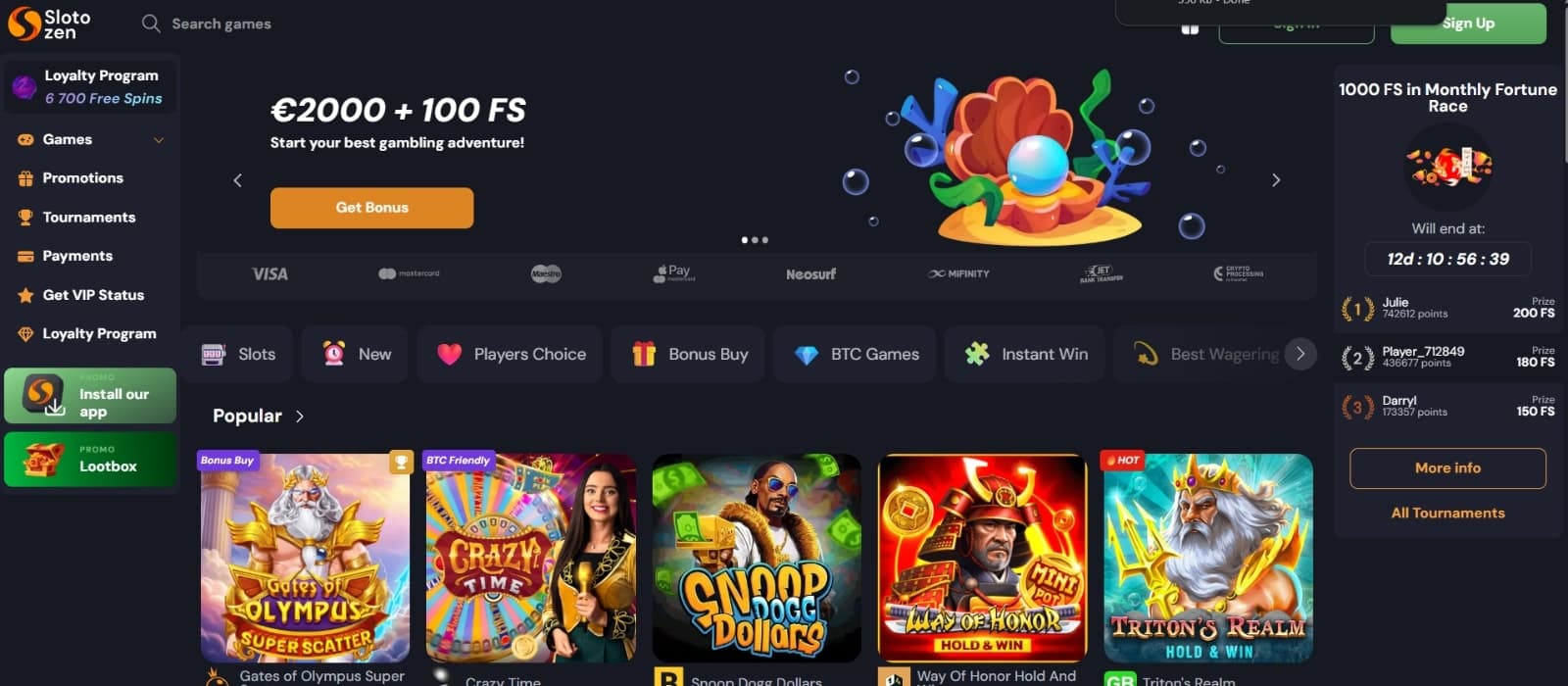 Slotozen casino's homepage featuring the 2000 euros and 100 free spins bonus offer, popular slot section, left side menu and monthly race leaderboard