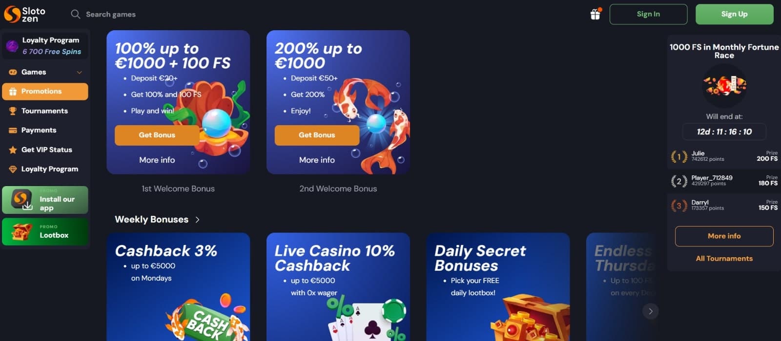 Slotozen Casino promotions page featuring the welcome package and weekly bonuses