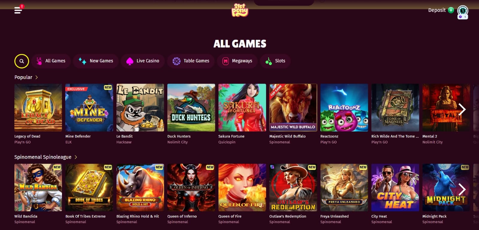SlotPony Casino slot games under category tabs  over maroon background