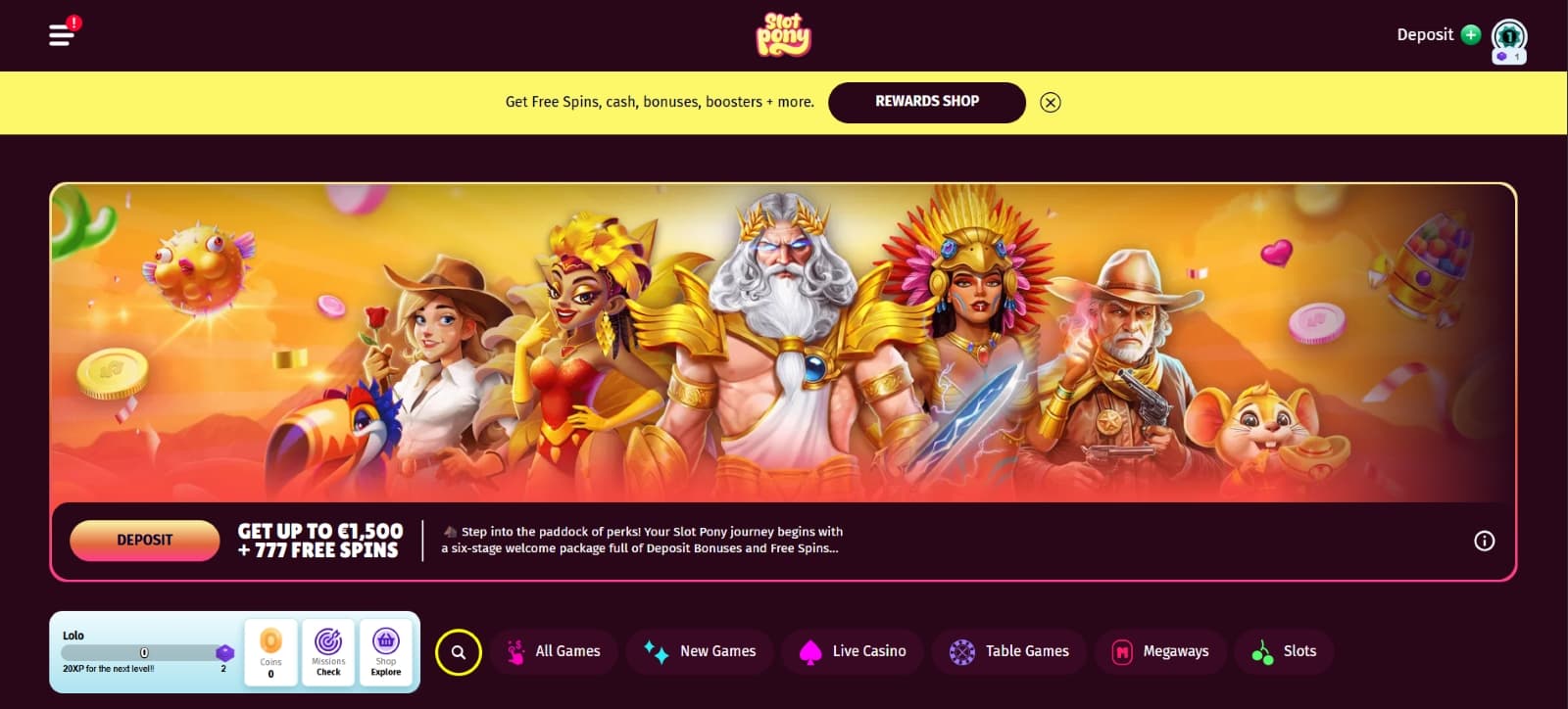SlotPony Casino landing page with welcome bonus banner of 1500 eur plus 777 slots over banner with slot characters 