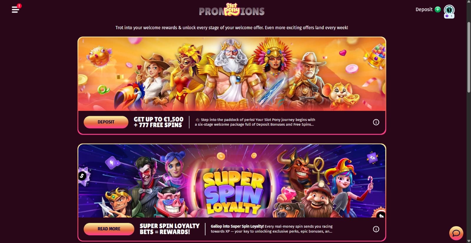 SlotPony Casino promotions page with welcome bonus and super spin loyalty bonuses