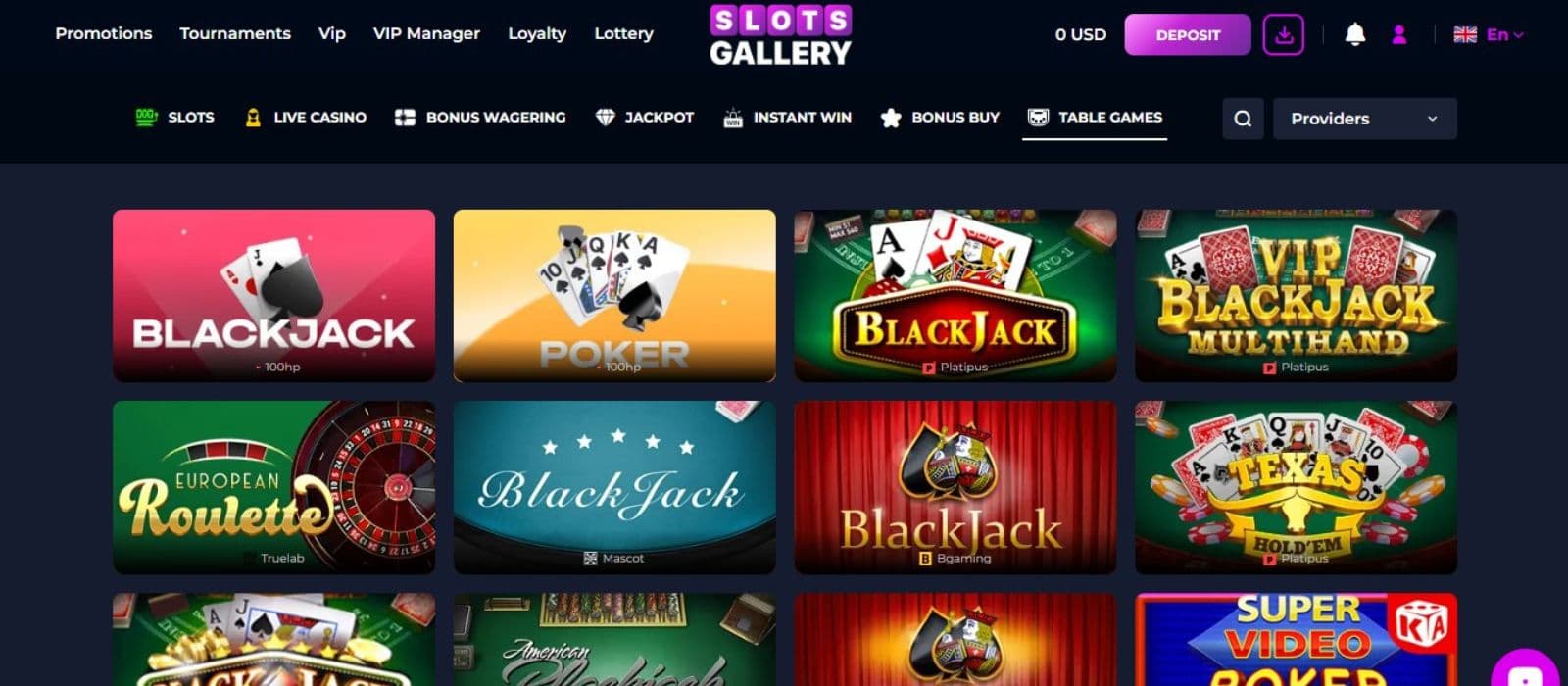 Slots Gallery Casino's promotions, showing the welcome package and the high roller bonus.