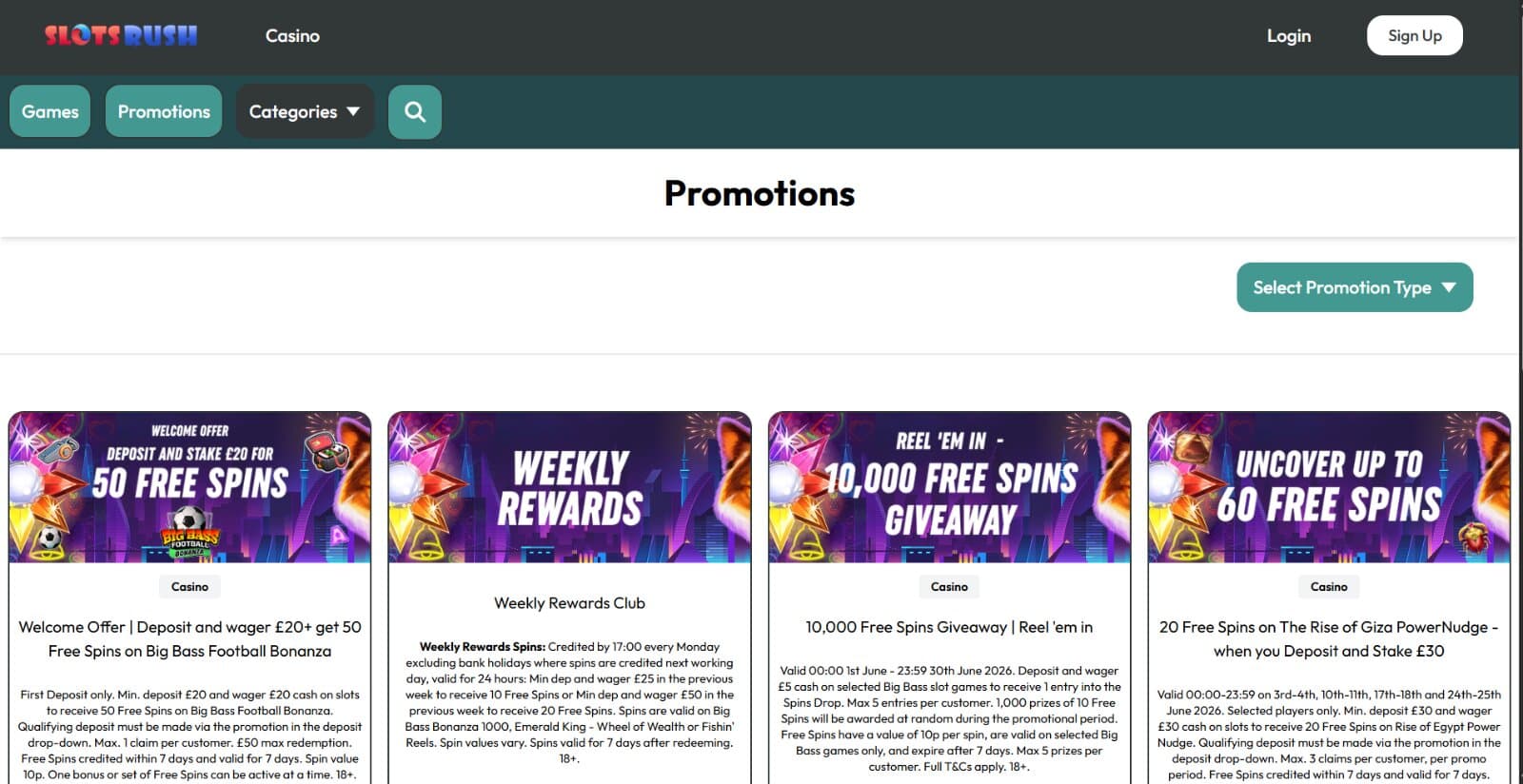 Slots Rush Casino's promotions page featuring its free spins welcome bonus, weekly rewards, free spins giveaway, and free spins drop
