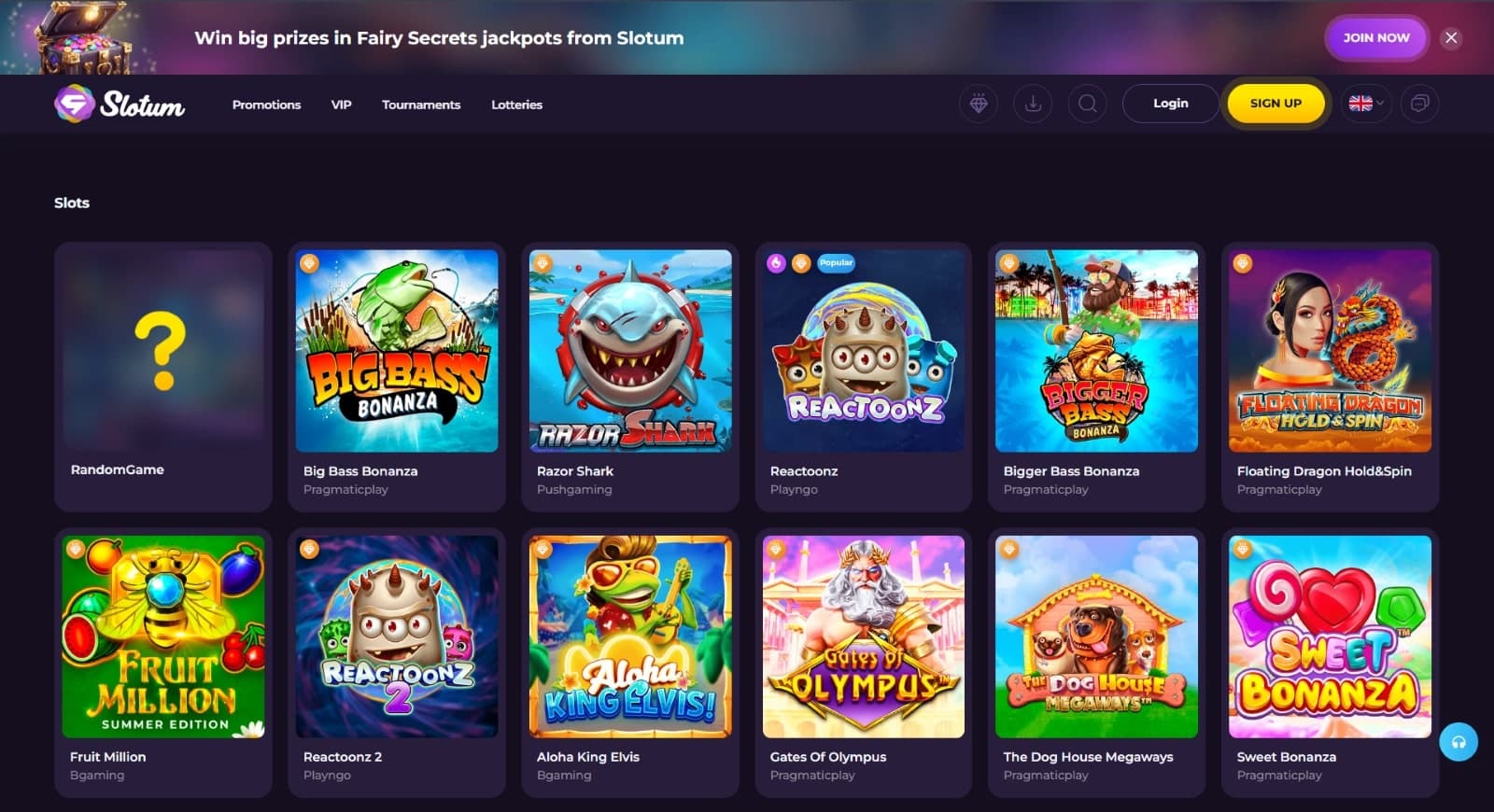 Slotum Casino games page featuring top slots like Big Bass Bonanza and Reactoonz