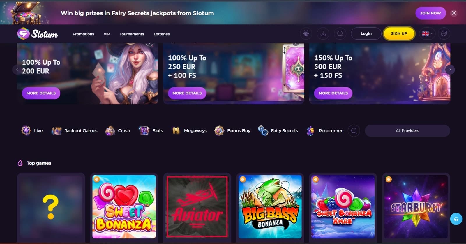 Slotum Casino landing page with banner of welcome promotions, game categories, and top games