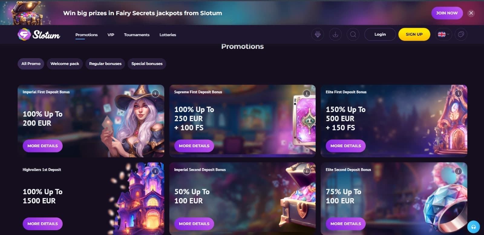 Slotum Casino promotions page with types of welcome bonus packages 