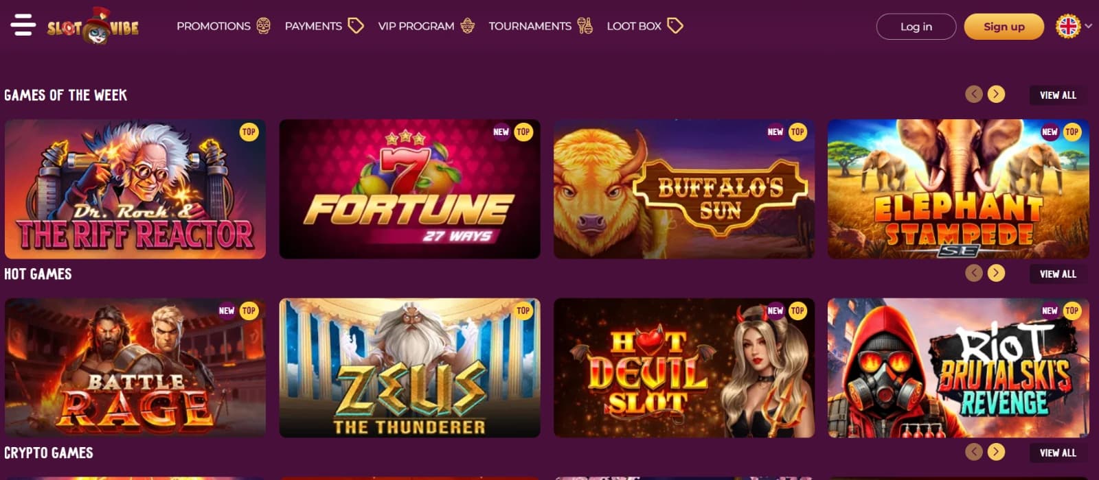 SlotVibe Casino games page with slot titles on maroon background