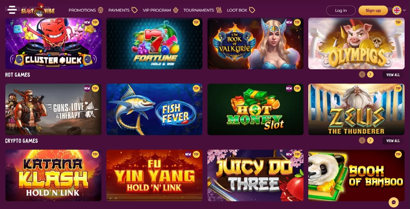 SlotVibe casino games page with the slots of the week, crypto games and hot games