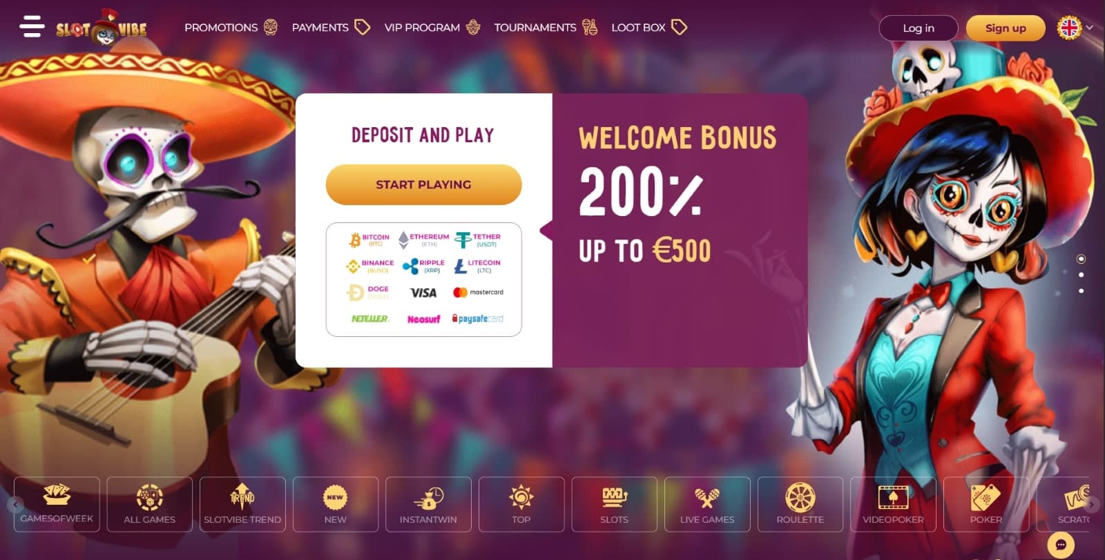 SlotVibe Casino landing page with 200% welcome bonus on Dias de los Muertos banner