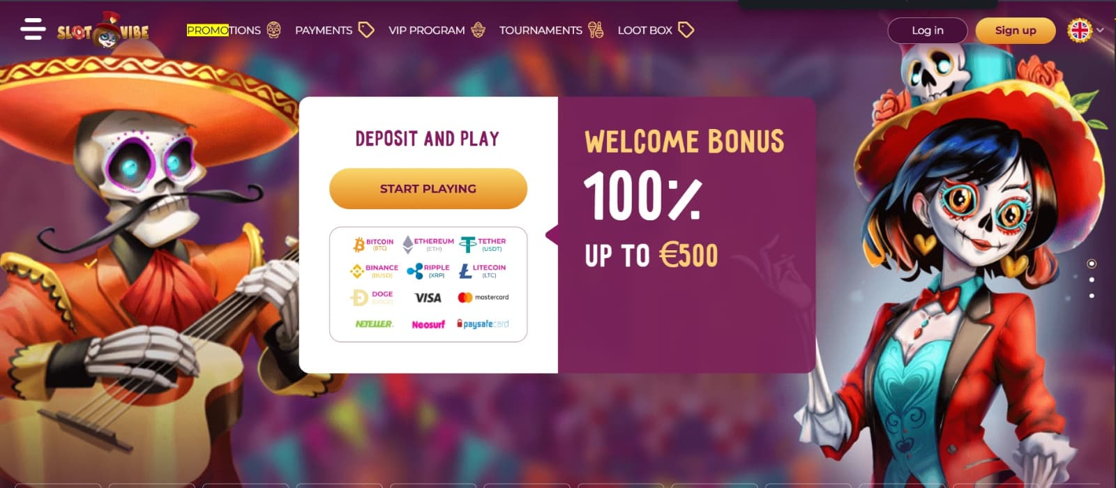 SlotVibe Casino landing page with welcome bonus on Dias de los Muertos banner