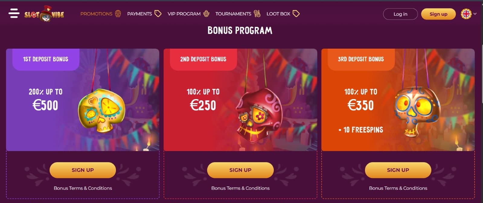 SlotVibe Casino promotions page with four part welcome bonus of 500% up to 1600 eur with colourful skull images
