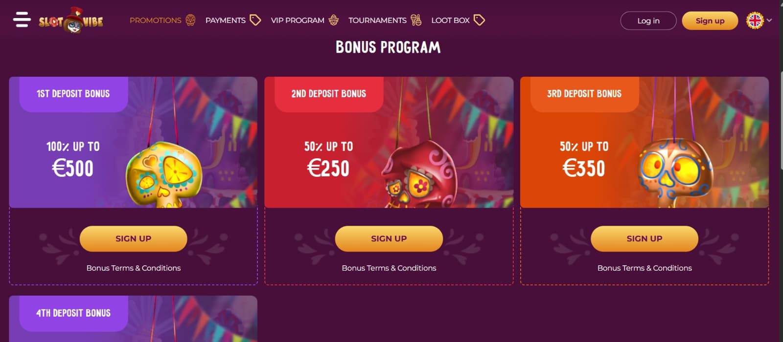 SlotVibe casino promotions page with 300% welcome bonus package