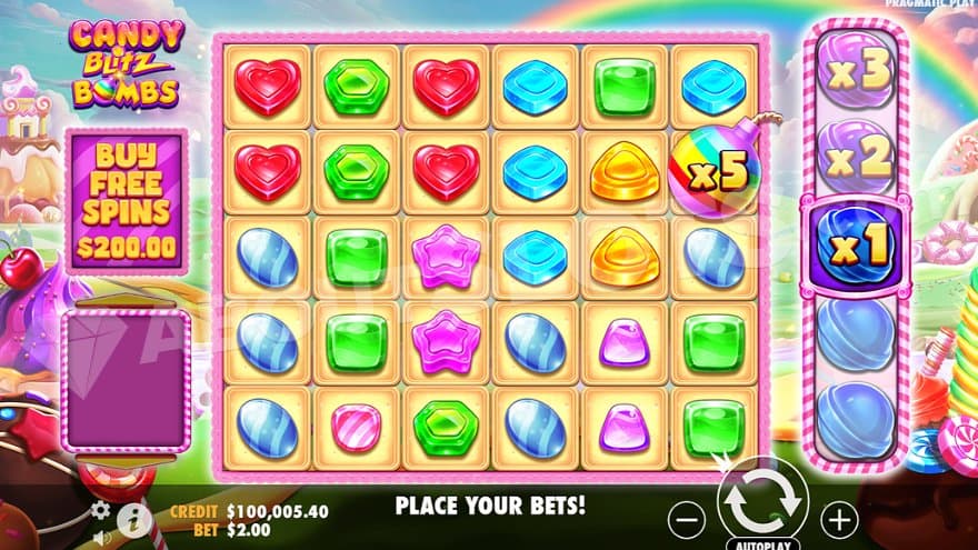 A casino slot full of candy symbols. 