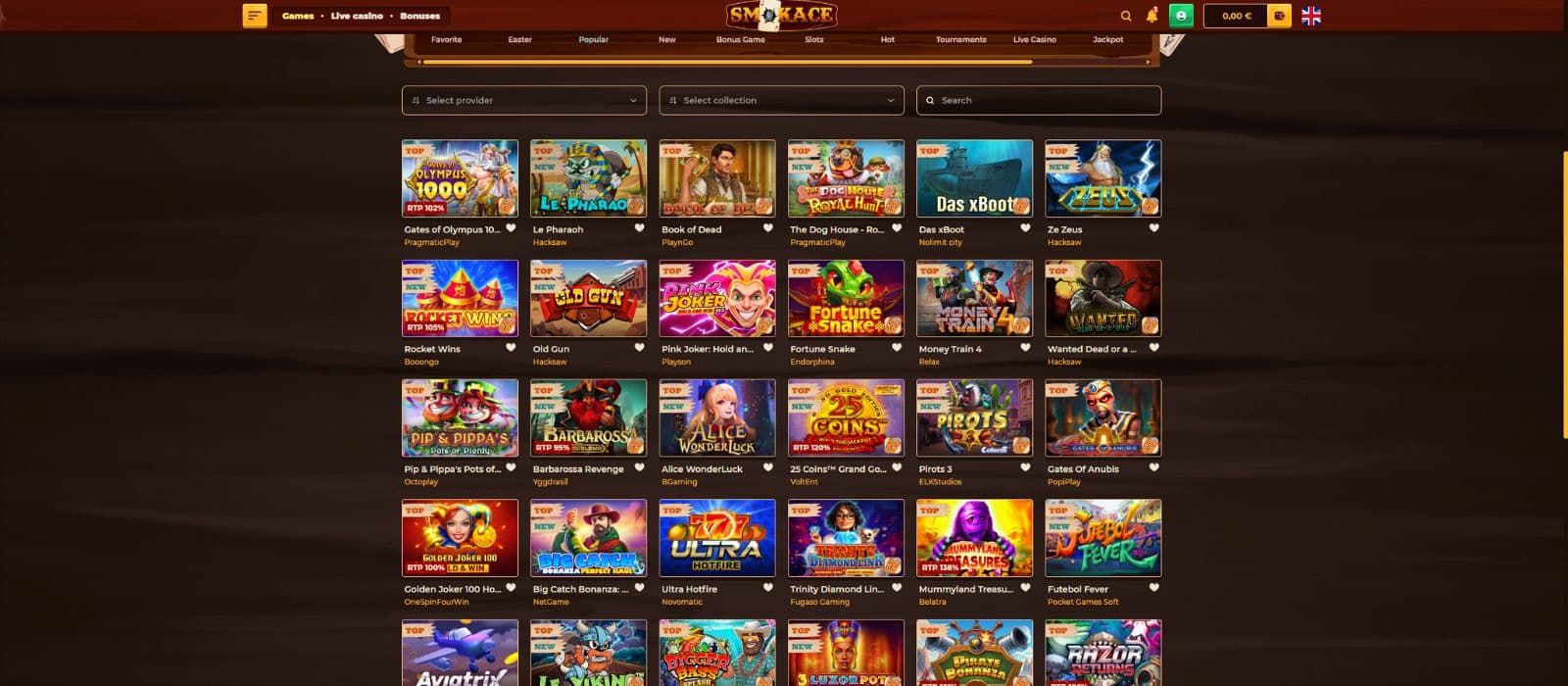 SmokeAce Casino games page showing a selection of slots, the search options and different game categories
