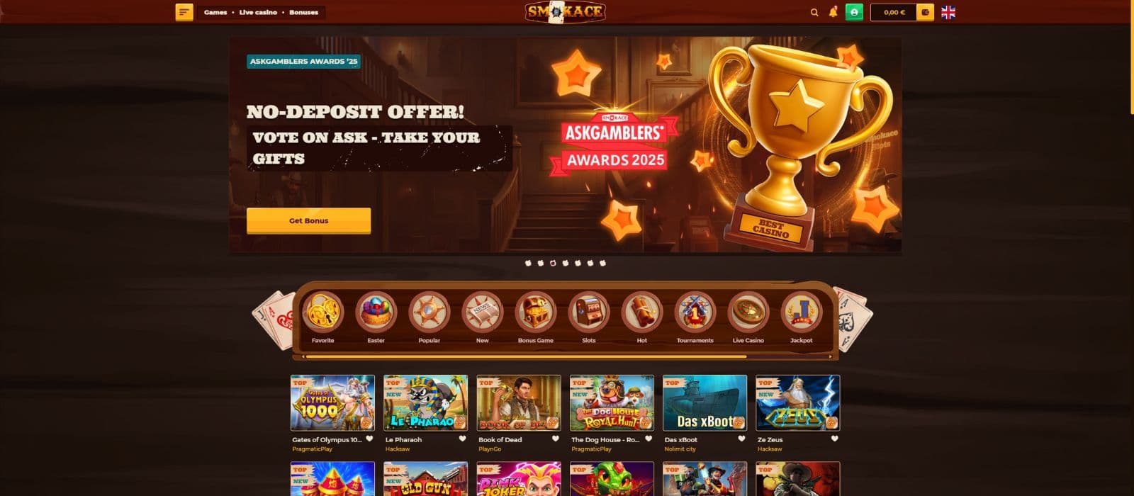 SmokeAce Casino landing page showing a selection of games, bonus offers and the main menu
