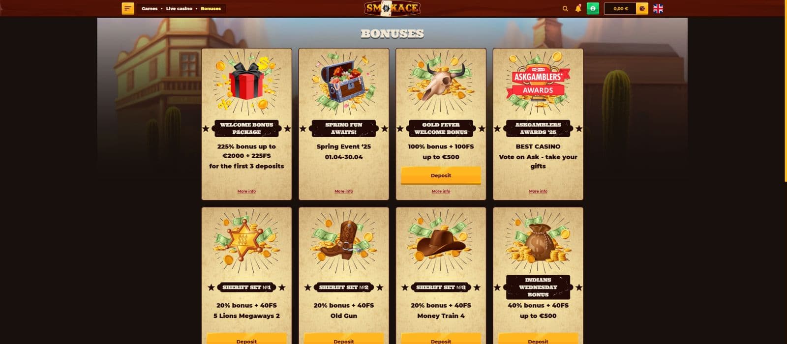 SmokeAce Casino promotions page showing the available bonuses and promotions