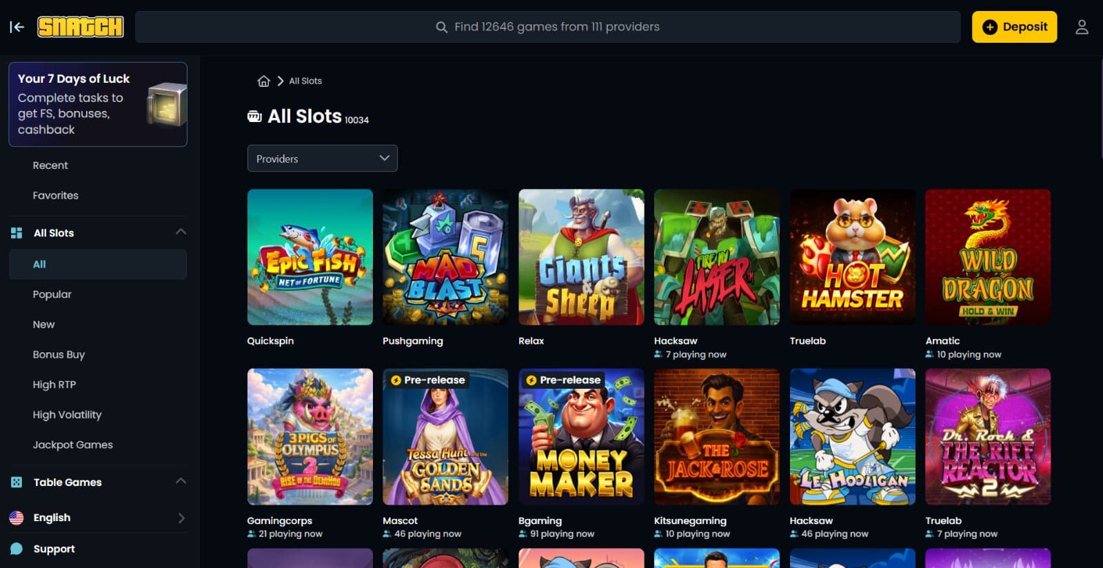 Snatch Casino's games page featuring the slots games and their icons with side menu lobby categories