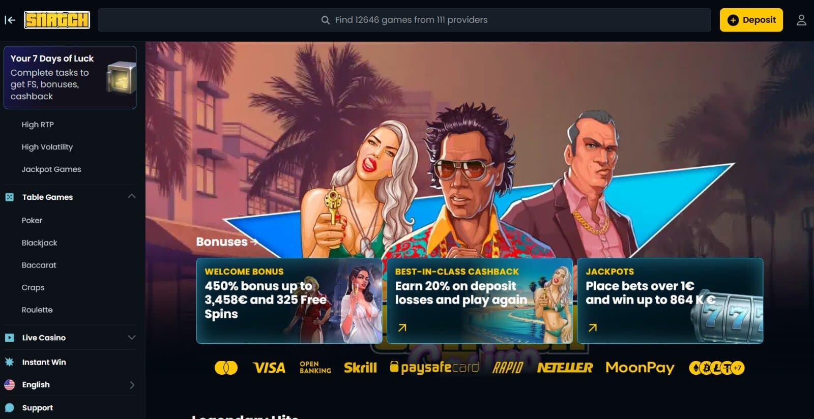Snatch Casino's landing page featuring bonus info cards, image banner, and side navigational menu