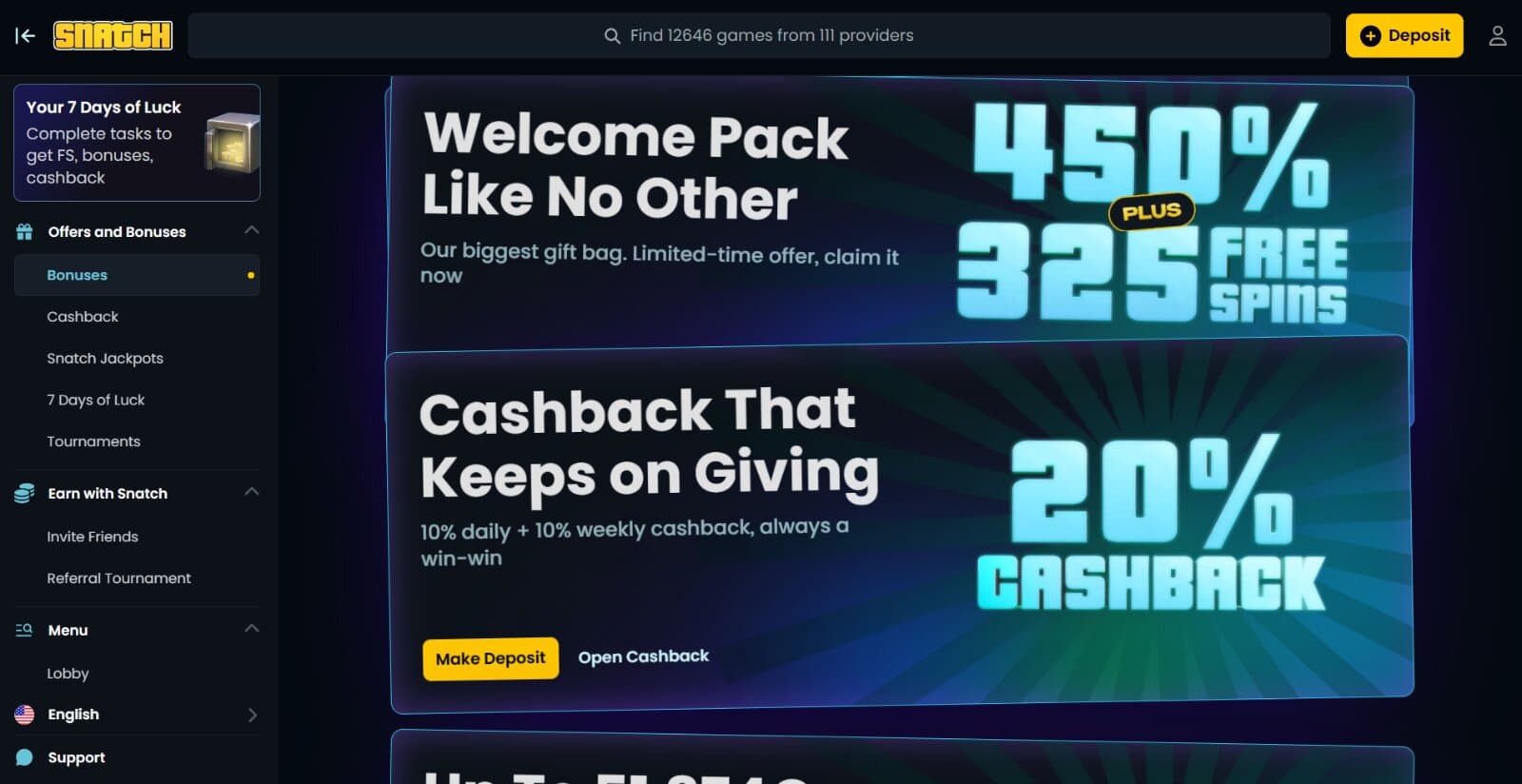 Snatch Casino's promotions page featuring the welcome package of 450%, cashback offers, and referral bonus, with blue info boxes