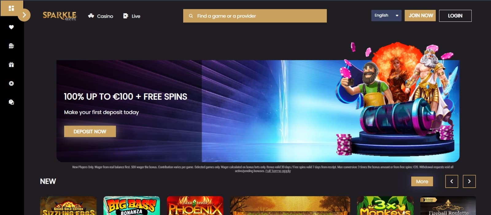 SprakleSlots Casino landing page with welcome bonus 0f 100%  on  image with slot characters 