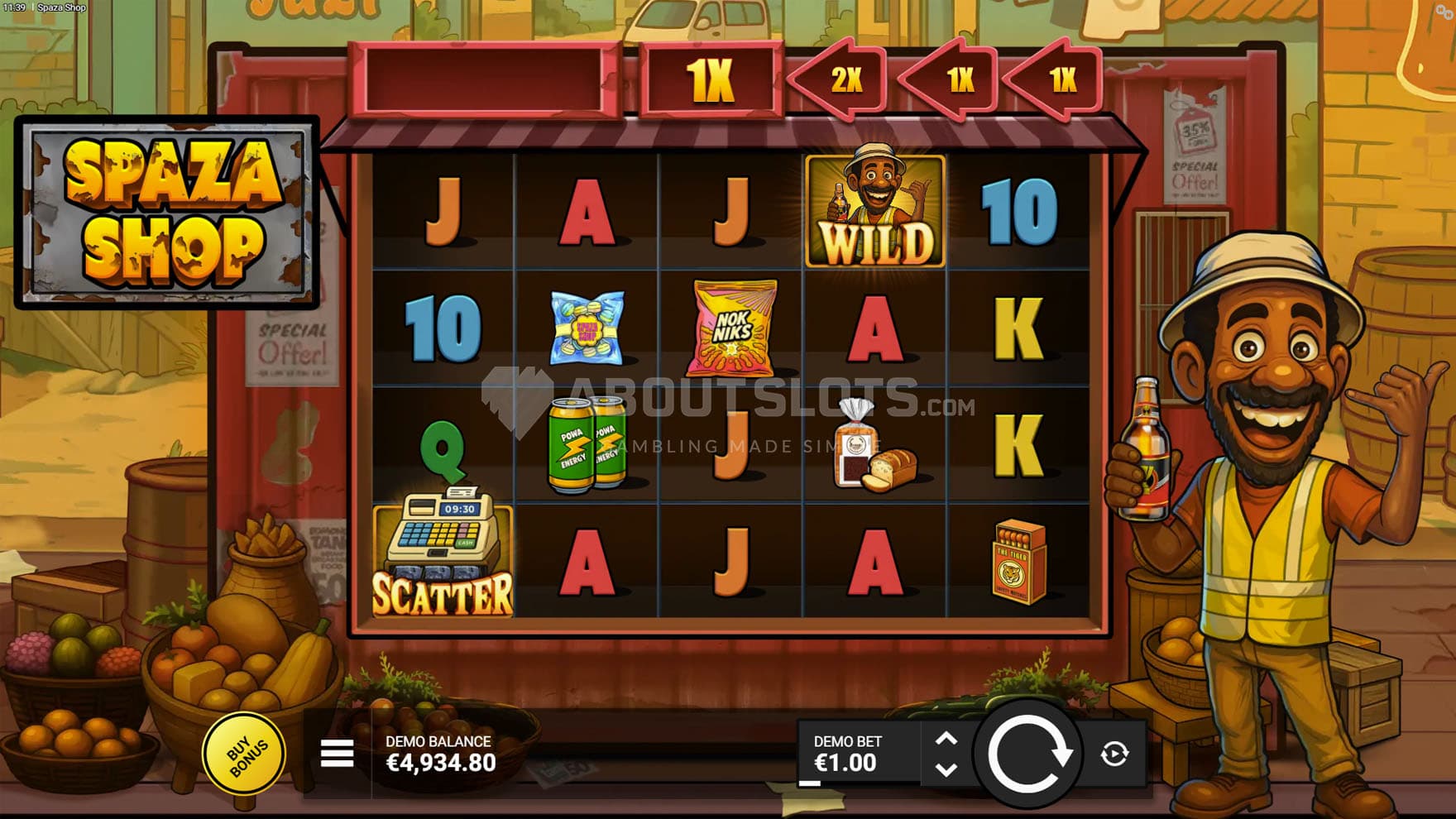 Screenshot of the Base Game, showing a 5x4 grid on a backdrop of a run-down African neighbourhood.