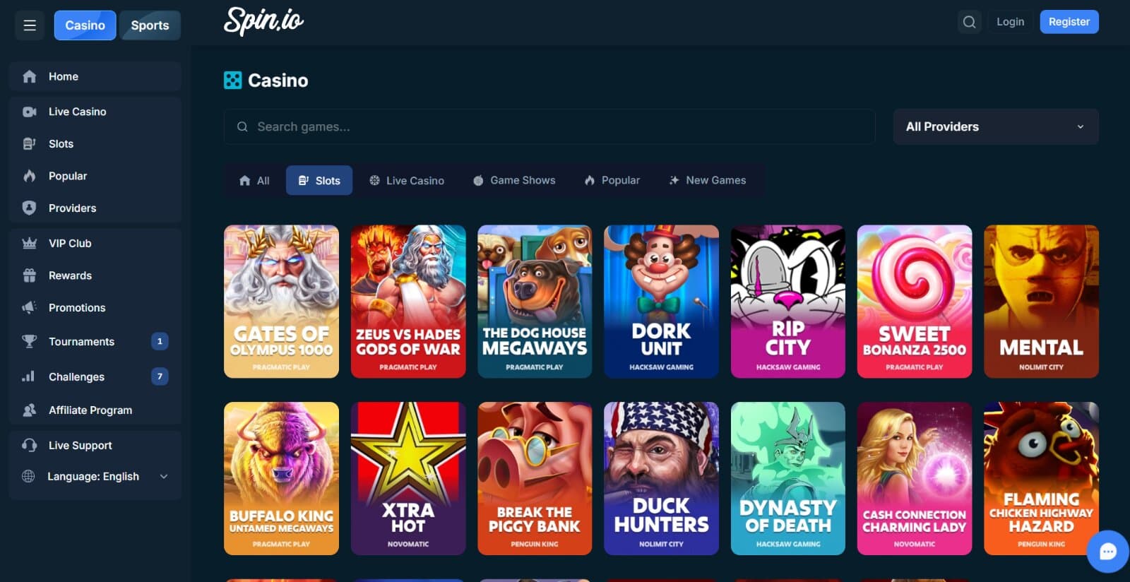 Spin.io Casino's games page featuring the slot selection under the main tab categories, provider and search filter